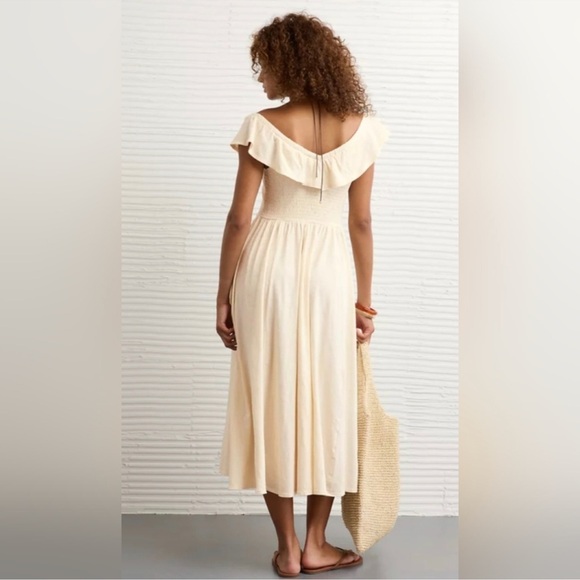 NWT American Eagle Outfitters sun chaser drop waist Cream Ruffle Midi Dress - Picture 3 of 7